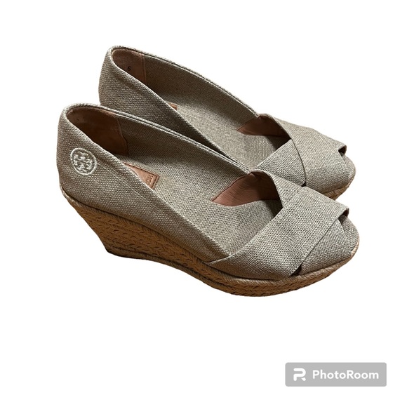 Tory Burch Filipa Wedge Espadrille Peep Toe Canva Beige Shoes Size 5 - Picture 1 of 6